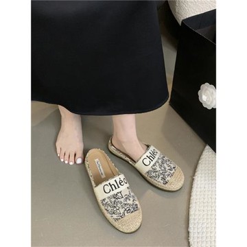 字母刺繡包頭半拖鞋女2025春夏新款百搭草編亮片漁夫鞋透氣平底鞋