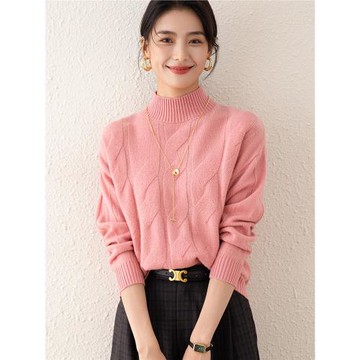 【加厚純羊毛】兔皇2025秋冬季新款半高領慵懶風女粉色毛衣打底衫