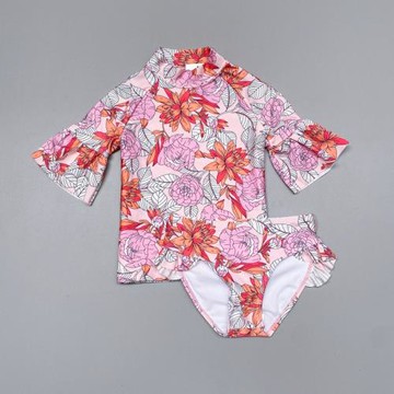 出口英單女童短袖分體泳衣女小中大童寶寶防曬沖浪服0-14歲UPF50+