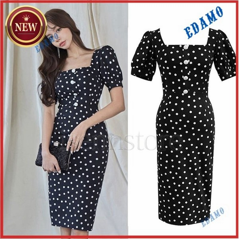 ワンピース 夏新作 タイトワンピース ひざ丈 ドット柄 半袖 スクエアネック パーティードレス レディース 通勤 Ol お呼ばれ フォーマル スリット 通販 Lineポイント最大0 5 Get Lineショッピング