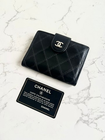 Chanel 黑色小羊皮革口金包 中夾 銀包 短夾 皮革包 中古包 二手