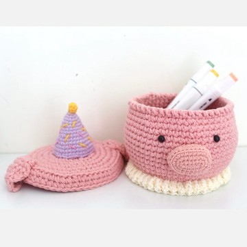 鉤針可愛小豬收納盒口紅套手工鉤針牛奶棉毛線編織diy材料包自制