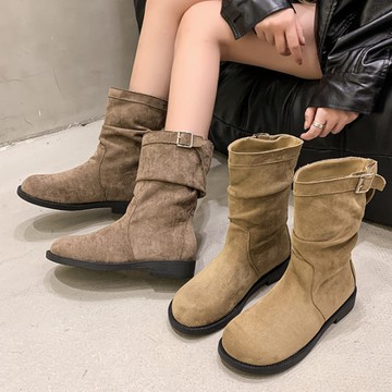 靴子．韓風街頭絨布釦環低跟圓頭短靴．白鳥麗子