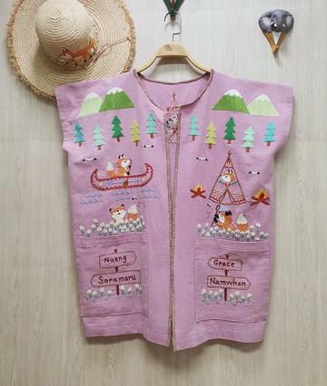 手工刺繡開衫-背心、野營、狐狸、雛菊、帳篷、卡努