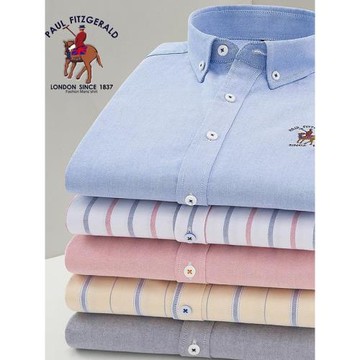 保羅春秋純棉牛津紡男士長袖襯衫商務休閑全棉工裝純色條紋襯衣男