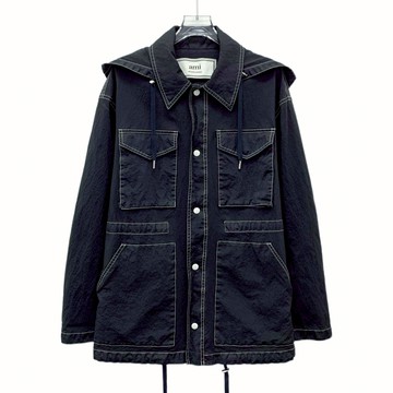 (2XL) ami質感多口袋連帽黑色外套