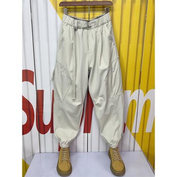 春夏薄款2024寬松純色拉鏈口袋工裝褲男士潮牌青年束腳休閑哈倫褲