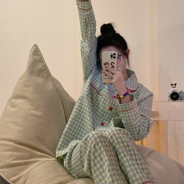 ins綠色格子睡衣女春秋季純棉長袖長褲棉紗少女可外穿家居服套裝