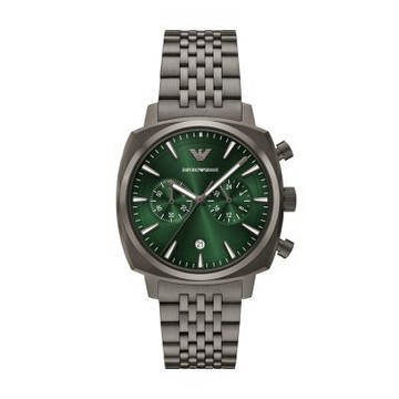 EMPORIO ARMANI 經典雙眼計時時尚腕錶-鐵灰X綠-AR11689-44mm