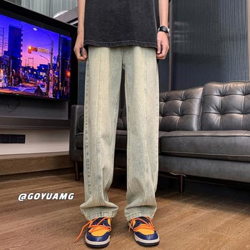 褲子男美式高街黃泥牛仔褲潮牌復古直筒闊腿褲春秋水洗做舊微喇褲