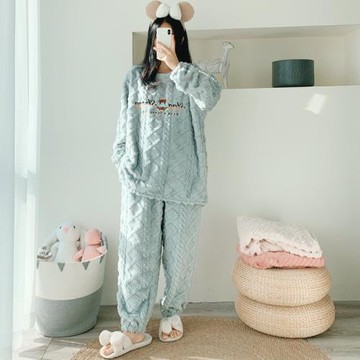 刺繡小熊加厚大碼開衫提花法蘭絨睡衣女冬季珊瑚絨套裝胖mm家居服