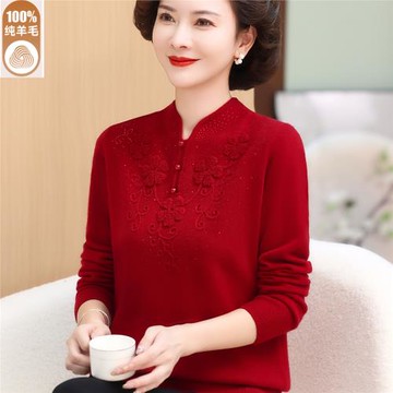 鄂爾多斯市秋冬媽媽毛衣加厚本命年紅色羊絨衫中老年女式純羊毛衫