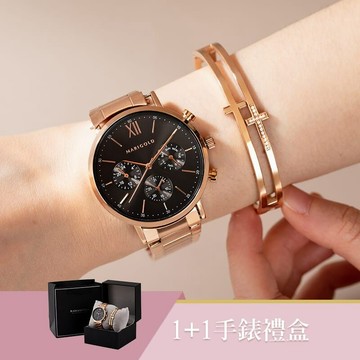 女人愛美愛自己閃耀夢想1+1獨家超值禮盒手錶鈦鋼手環二件組【WKTL06788-KTL079】-黑面玫金帶+玫瑰金手環