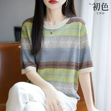初色 質感撞色條紋印花圓領短袖T恤上衣女上衣-花色-13914(F可選)