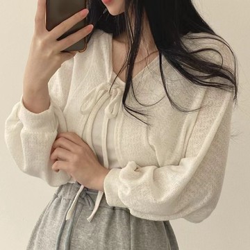 【🍒櫻桃大尺碼】大尺碼小眾薄款防曬上衣女夏大碼寬松百搭燈籠袖短款開衫外套