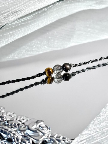 守護 - 醫療鋼/黃虎眼石/黑髮晶/銀曜石/雙圈蠟線祈願開運手鍊