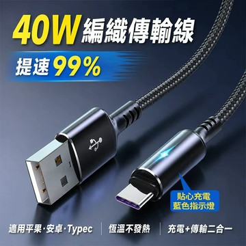 速發 40W編織快充線Type-C 手機數據線傳輸 帶燈魚絲造型 適用於蘋果 華為抗拉防纏繞防斷裂加固接頭 5A超級快充