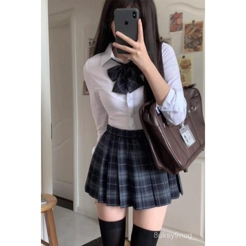 ✨MY女裝 三件套~學院風jk制服 收腰白色長袖襯衫格裙女jk百褶裙 春夏季少女減齡套裝 裙裝 洋裝 上衣 顯瘦衣服