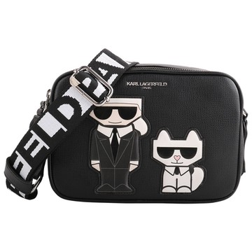 KARL LAGERFELD 老佛爺&小貓LOGO織帶防刮斜背相機包(黑)