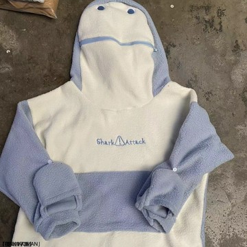 春季自閉鯊魚衛衣女冬季軟萌可愛情侶連帽羊羔絨加絨外套