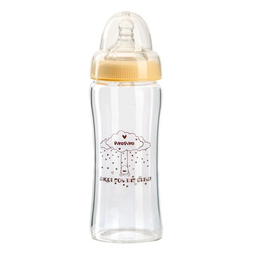 PiYOPiYO 黃色小鴨 媽咪乳感寬口徑晶鑽奶瓶 玻璃奶瓶耐高溫不易破裂 採用媽咪乳感奶嘴防脹氣設計 安全無毒矽膠材質  黃色  280ml  1個