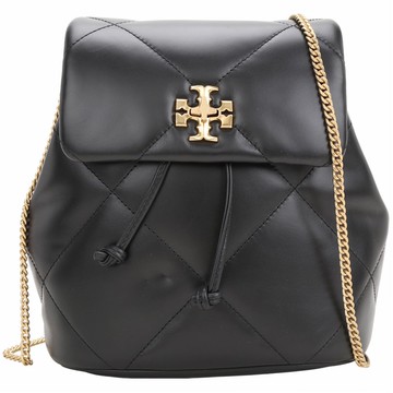 TORY BURCH Kira 雙T標誌菱格絎縫翻蓋鏈帶斜背 後背包(迷你/黑色)