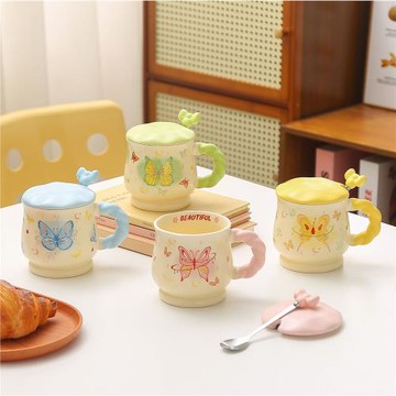 蝴蝶馬克杯田園風咖啡杯子陶瓷水杯早餐杯家用情侶水杯女生伴手禮