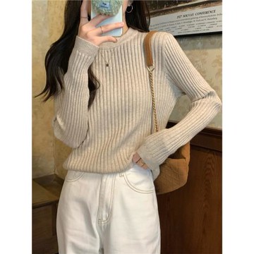 秋冬高級圓領純色內搭洋氣加厚針織打底衫女坑條氣質百搭顯瘦毛衣