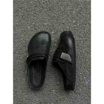 馬皮版包頭穆勒鞋男女同款時尚真皮潮酷風厚底勃肯鞋黑色外穿半拖