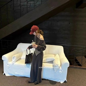 韓系時尚套裝女2025秋季新款休閑百搭條紋露肩高級感闊腿套裝鑫弘-素時衣櫥