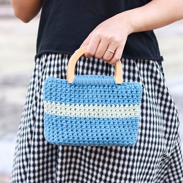 木質手提方型鉤織包 - 藍綠