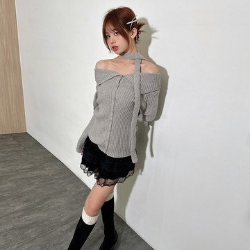 飄帶翻領排釦針織毛衣-灰【KT224748】