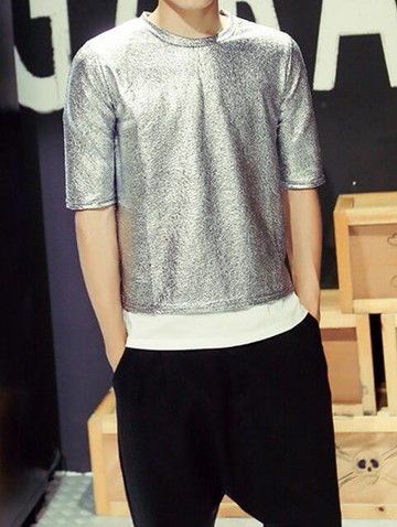 FINDSENSE品牌 時尚潮流 型男 酷 金銀黑 亮面 下擺開叉前短後長 短袖T恤 特色短T
