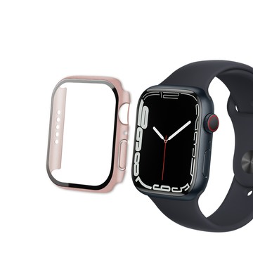 Apple Watch 錶殼 全包覆經典系列 Apple Watch Series 9/8/7 45mm 9H鋼化玻璃貼+錶殼 一體式保護殼(玫瑰金)