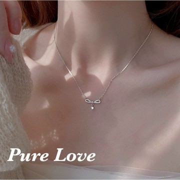 Pure Love樂芙 / 正韓 銀飾【S925】N01020簡約通體純銀項鍊滿鑽蝴蝶結鋯石鎖骨鏈 短項鏈 / 銀