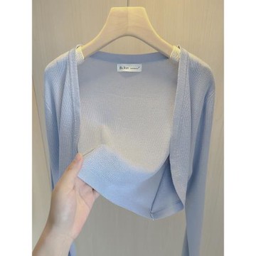 冰絲藍色長袖防曬針織開衫女夏季薄款高級感天絲披肩罩衫短款上衣