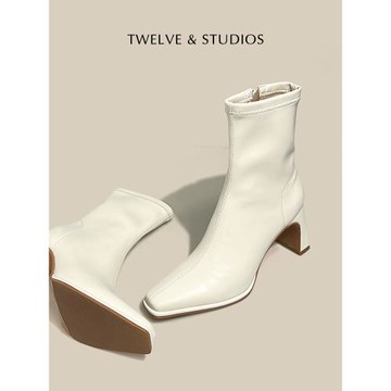 韓國高端混種軟皮！法式ins彈力靴方頭瘦瘦靴女高跟短靴粗跟襪靴