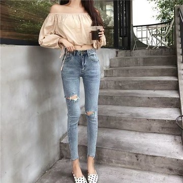 破洞牛仔褲女夏季新款高腰顯瘦彈力小個子緊身毛邊小腳鉛筆褲|簡約通勤|韓版風格|水洗工藝|九分寬松潮款