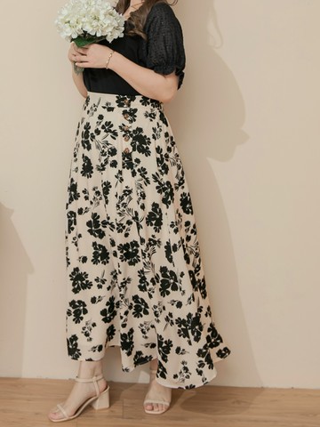 優雅印花裝飾排釦後鬆緊雪紡長裙