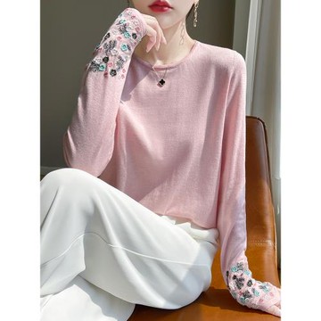 精紡羊毛衫女士圓領打底衫內搭薄款毛衣24春秋新款寬松繡花針織衫