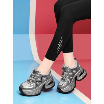 厚底老爹鞋女2025春季新款銀色皮網面設計增高百搭休閑運動鞋子