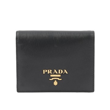 PRADA 浮雕Logo 水波紋皮革二折零錢袋短夾(黑色) 1MV204 2B6P F0002