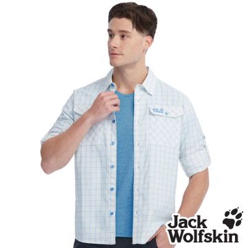 【Jack wolfskin飛狼】男 美式格紋 可捲袖長袖防曬襯衫『白底藍格』