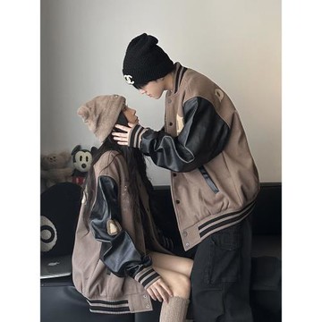 美式高街棒球服情侶裝秋冬寬松ins潮牌PU皮拼接休閑加厚夾克外套