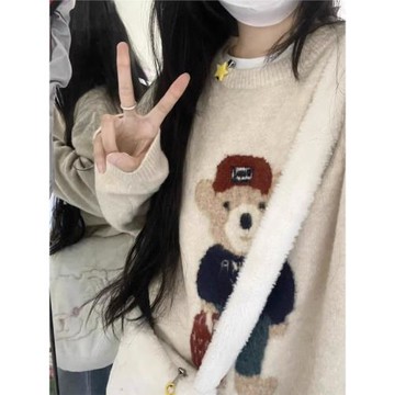 加厚版！慵懶風卡通小熊套頭毛衣女秋冬寬松學生長袖針織衫上衣潮