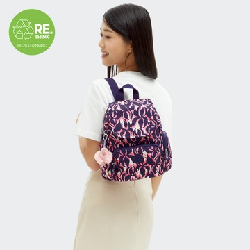 『猴子包』藍粉棕櫚印花掀蓋拉鍊後背包-CITY ZIP MINI