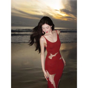 蕉｜瓷與海Porcelaine et mer 原創針織鏤空拼色露背系帶連衣裙