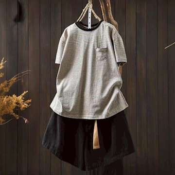 設計所在 棉麻隨性風 領口撞色棉短袖條紋T恤寬鬆休閒套頭(3色可選)