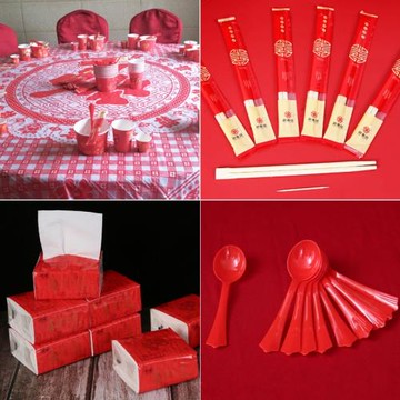 一次性筷子結婚餐巾紙婚宴圓筷加厚桌布紅色喜慶勺子餐具套裝家用