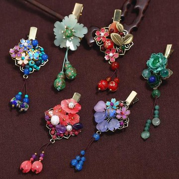 原創復古民族風發夾古風女氣質發卡瑪瑙琉璃花朵流蘇頂夾古典發飾